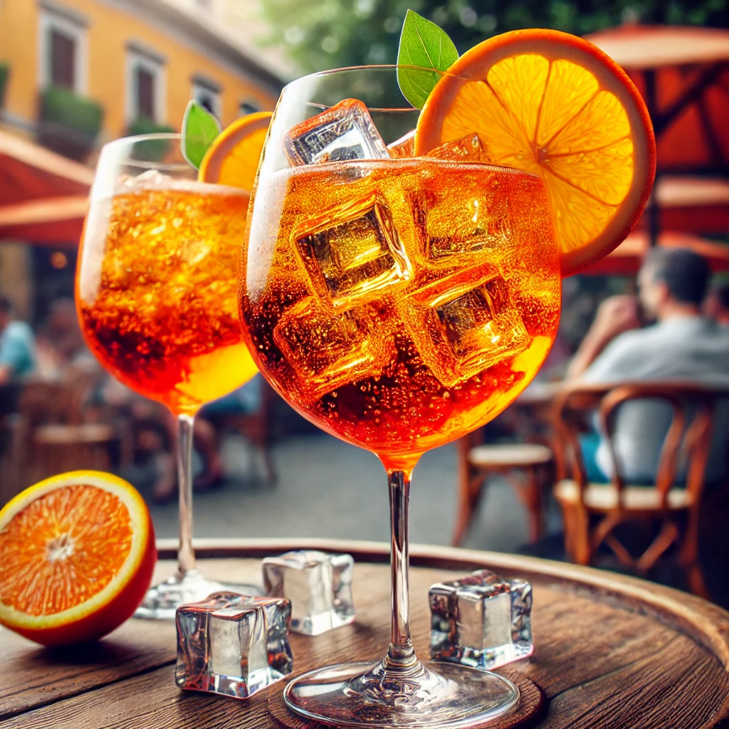 Un pahar de Aperol Spritz, garnisit cu o felie de portocală, servit într-un cadru elegant, evocând atmosfera relaxată a teraselor italiene.