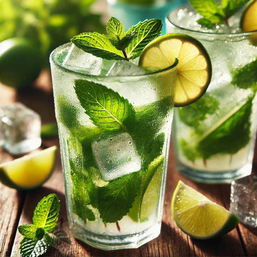 Un pahar de Mojito răcoritor, garnisit cu frunze de mentă și felii de lime, servit într-un cadru tropical pe o masă de lemn.