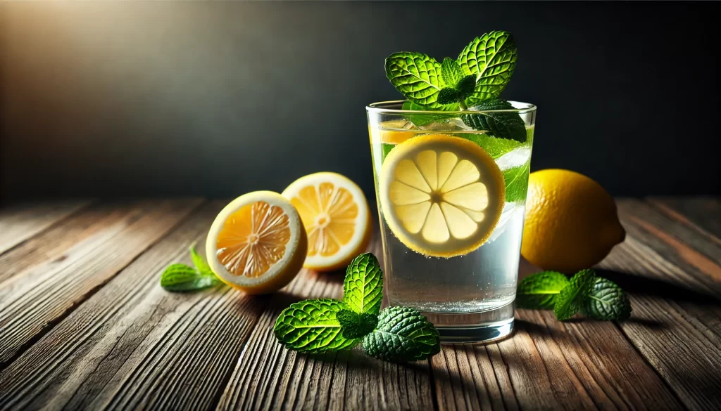 Pahar de limonadă proaspătă, garnisit cu felii de lămâie și mentă, plasat pe o masă din lemn cu fundal negru, evidențiind simplitatea și prospețimea băuturii.