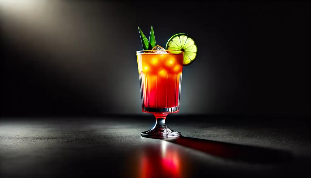 Mai Tai cocktail servit într-un pahar înalt, garnisit cu lime, pe fundal negru – Social Club bar mobil