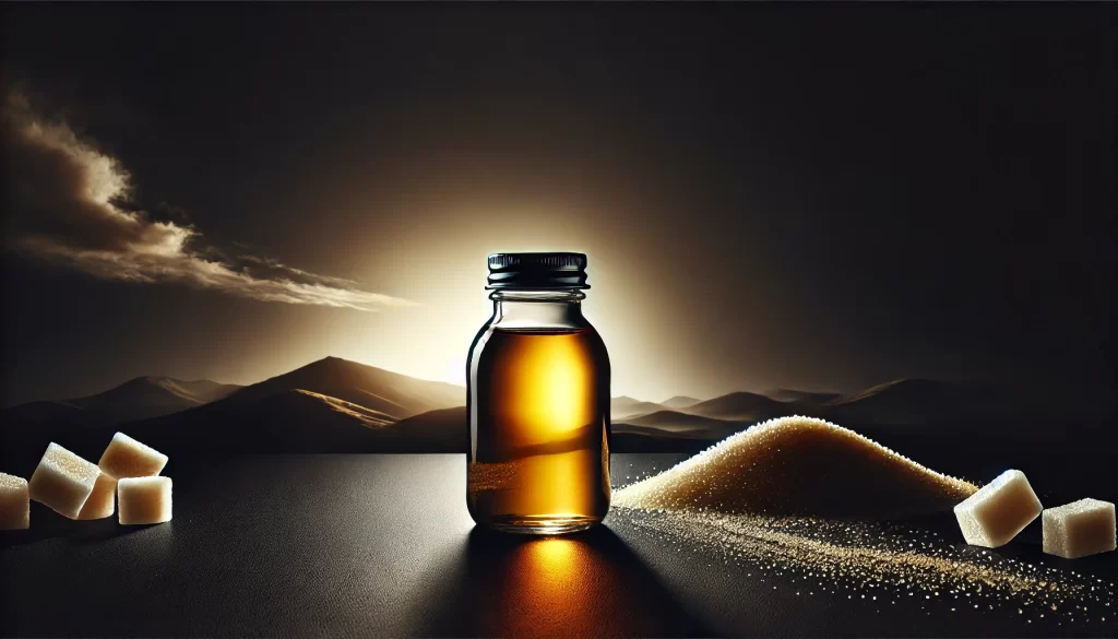 Sirop de zahăr într-o sticlă transparentă pe un fundal negru, cu iluminare dramatică ce scoate în evidență textura siropului.