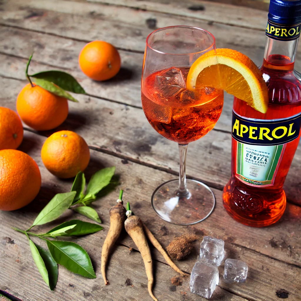Sticlă de Aperol lângă un pahar de Aperol Spritz, înconjurat de portocale și ierburi care conferă aromă băuturii