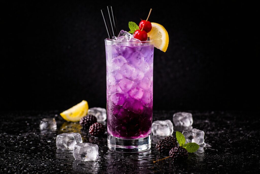 Cocktail Purple Rain în pahar highball cu cuburi de gheață, nuanțe violet în gradient, decorat cu lămâie și cireșe, pe fundal negru elegant.