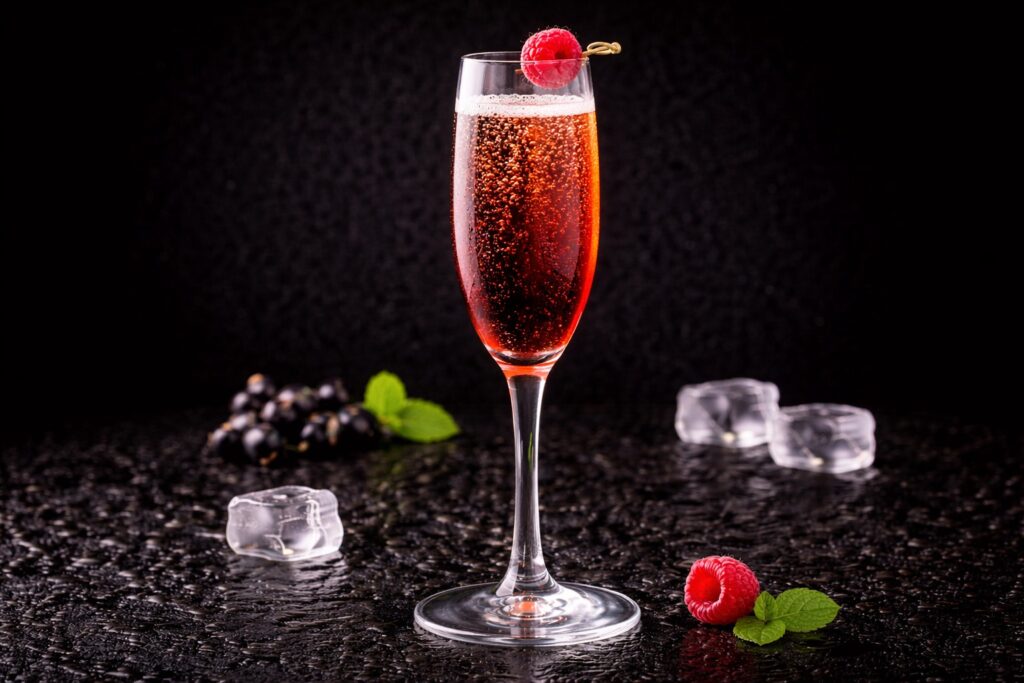 Cocktail Kir Royale în pahar champagne flute cu crème de cassis și șampanie, decorat cu zmeură pe fundal negru elegant.