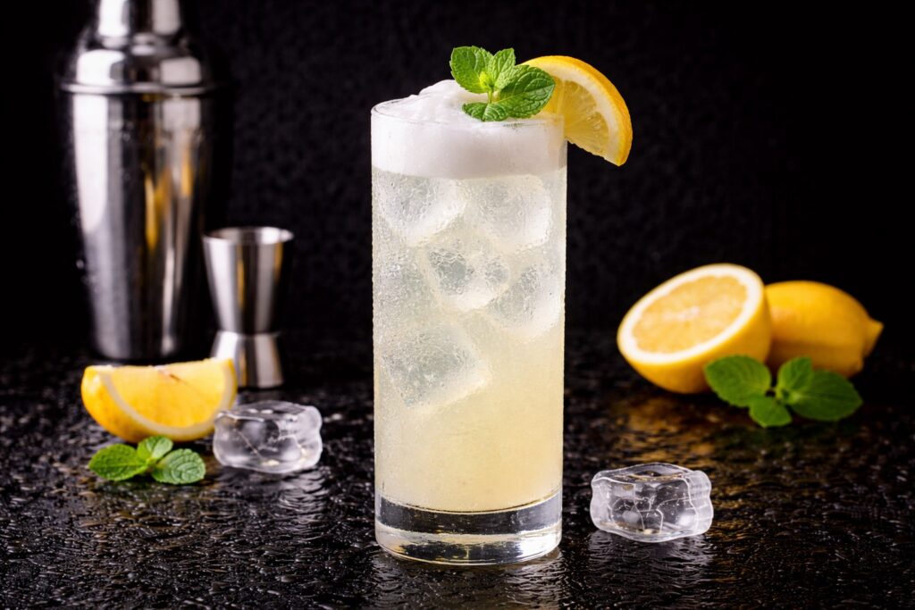 Cocktail Gin Fizz în pahar highball cu gheață, spumă fină și felie de lămâie, fotografiat pe fundal negru elegant.