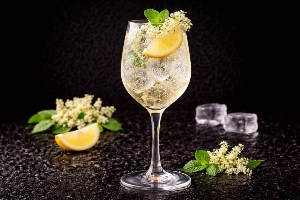 Cocktail Elderflower Spritz în pahar de vin cu gheață, flori de soc și felie de lămâie, fotografiat pe fundal negru elegant.