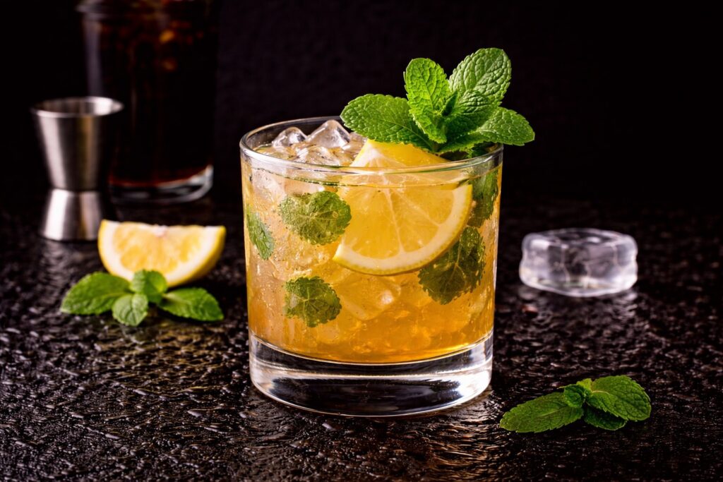 Cocktail Whiskey Smash în pahar rocks cu gheață, mentă proaspătă și felie de lămâie, fotografiat pe fundal negru elegant.
