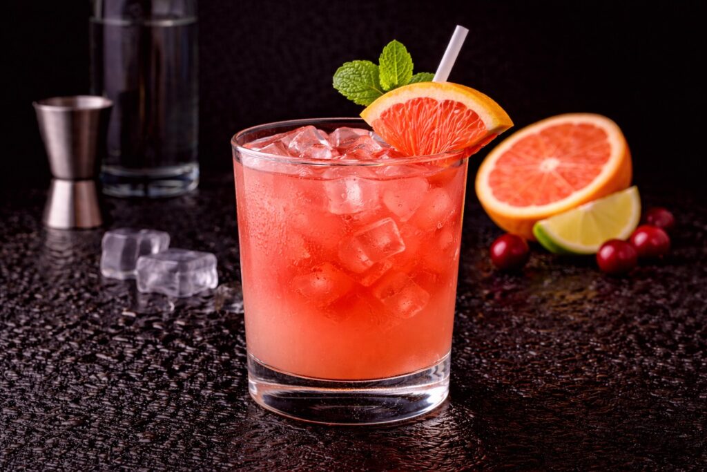 Cocktail Sea Breeze în pahar bucket cu gheață, vodcă, suc de merișoare și grapefruit, decorat cu felie de grapefruit pe fundal negru.