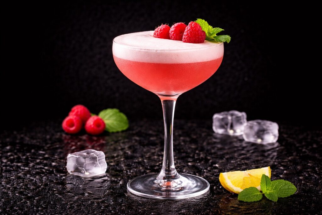 Cocktail Clover Club în pahar coupe cu spumă roz și zmeură proaspătă, fotografiat pe fundal negru elegant.