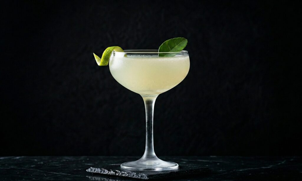 Cocktail Daiquiri clasic într-un pahar coupe pe fundal negru, garnisit cu o coajă de lămâie și o frunză