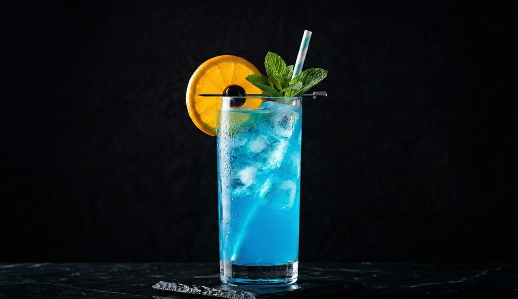 Cocktail albastru Blue Lagoon, garnisit cu mentă, portocală și cireșă maraschino, pe fundal negru
