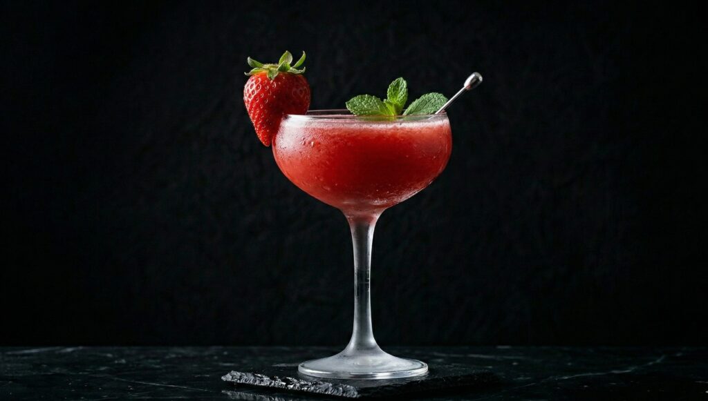 Cocktail Strawberry Daiquiri revigorant într-un pahar coupe pe fundal negru, garnisit cu o căpșună și o frunză de mentă