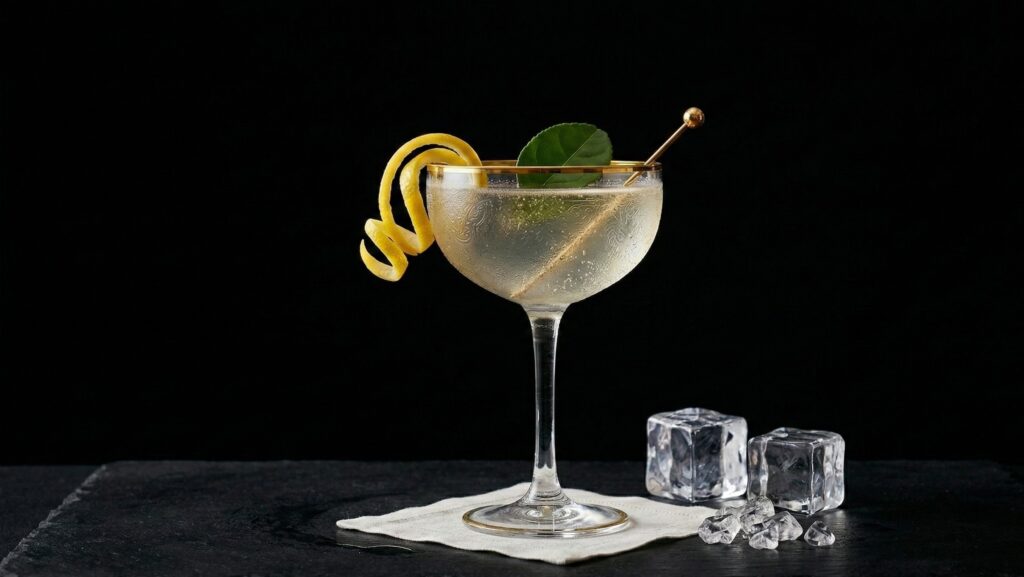 Cocktail rafinat într-un pahar coupe pe un suport de ardezie neagră, garnisit cu o coajă de lămâie spiralată și o frunză